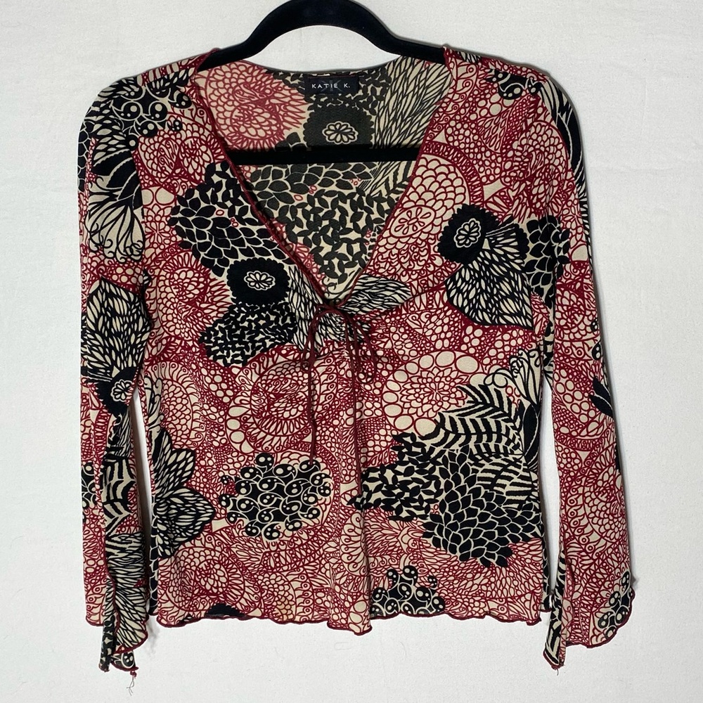 Vintage Y2K Katie K Red Black Abstract Print Blouse W Bell Sleeves M Festival